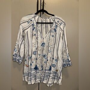 JOHNNY WAS Tunic V Neck Floral Stripe Shirt Size S